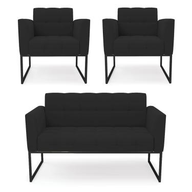 Imagem de Kit 1 Sofá Namoradeira e 2 Poltronas Elisa Veludo Preto Base Metálica Industrial Preto D03 - D'Rossi