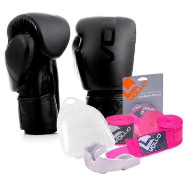 Imagem de Kit Boxe Muay Thai Luva 14Oz Preto + Protetor Bucal + Bandagem Rosa - 