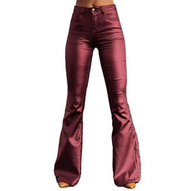 Imagem de Calças Flamingals Bootcut PU de cintura alta vermelhas XS femininas