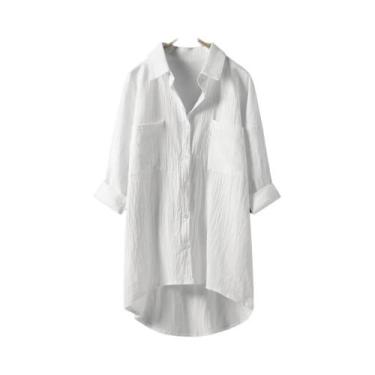 Imagem de Blusa Feminina De Algodão E Linho Tamanho Grande Casual Manga Longa Co