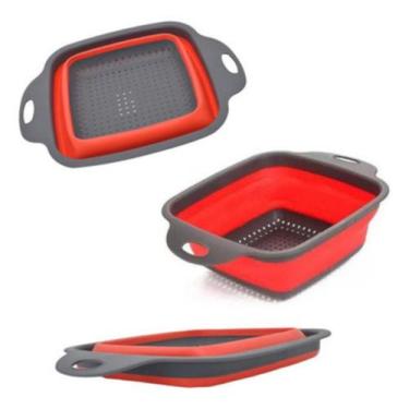 Imagem de Escorredor Retrátil Quadrado Compacto Para Cozinha Cinza E Vermelho - 