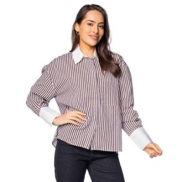 Imagem de Camisa Social Feminina The Style Box Listrada Marrom/Branco-Feminino