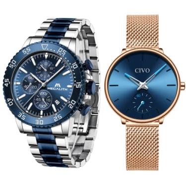 Imagem de Relógio Masculino Original de Pulso Prateado com Mostrador Azul e Pulseira Prateada e Azul e Relógio Feminino Original de Pulso Dourado, todos em Aço Inoxidável, Analógicos, à Prova d'Água, muito Elegante para Dia dos Namorados