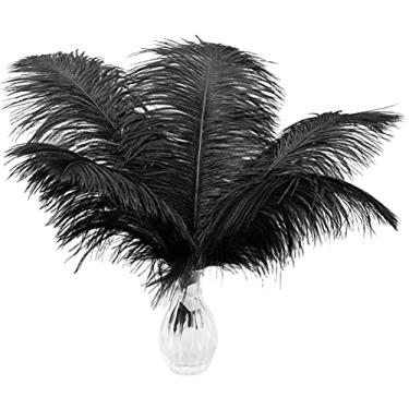 Imagem de 20 Penas de avestruz douradas de luxo natural 25 a 30 cm para centros de mesa de festa de casamento. Arranjo de flores e decoração de casa. (Preto)