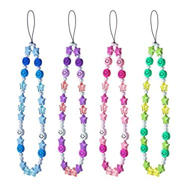 Imagem de Pingente feminino moderno para decoração de celular, pingente colorido de estrela sorridente de cerâmica macia com corrente antiperda para celular