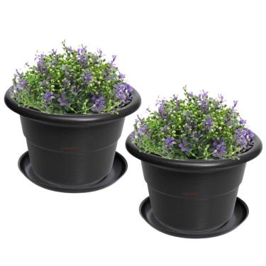 Imagem de Kit 2 Vaso Redondo Pequeno Com Prato Plástico Para Flores Plantas Jardim Preto - AMZ
