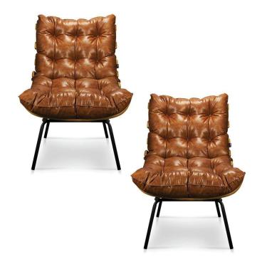 Imagem de Kit 02 Poltronas Costela Corano Nozes Base Metal