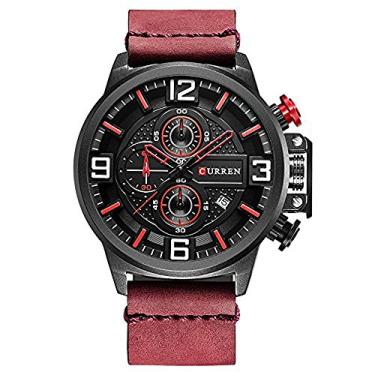 Imagem de New CURREN Relógio masculino esportivo com pulseira de couro e cronógrafo de quartzo 8278 (vermelho)