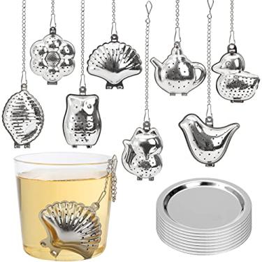 Imagem de Elsjoy Conjunto de 8 infusores de chá de folhas soltas, 18/8 bolas de chá de aço inoxidável com corrente e bandeja de gotejamento, conjunto de filtro de chá mini coador de chá para canecas, xícaras de chá, bules