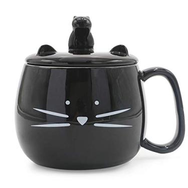 Imagem de Koolkatkoo Caneca de café de 473 ml com tampa para suporte de celular para amantes de gatos Caneca preta exclusiva de cerâmica preta para presente para mulheres