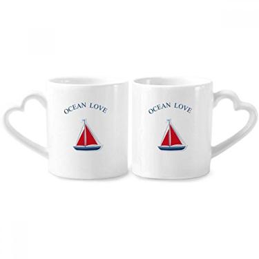 Imagem de Veleiro Oceano Amor Mar Vela Casal Azul Porcelana Conjunto de Caneca de Cerâmica Amante Copo Punho Coração