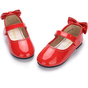 Imagem de PANDANINJIA Vestido Angela Mary Jane para bebês/crianças pequenas bailarinas com laço florista festa de casamento bailarina sapatos rasos, Patente Ag Red, 10 Toddler
