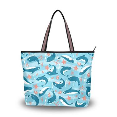 Imagem de ColourLife Bolsa feminina com alça de tubarões fofos em ondas azuis bolsa de ombro, Multicolorido., Medium