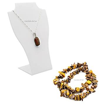 Imagem de Kit 2 Pulseiras de Cascalho e Colar Folheado de Olho de Tigre Pedra Cristal Natural