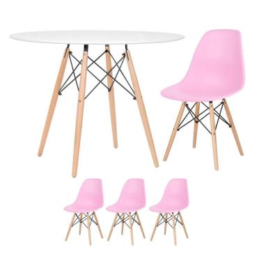Imagem de Mesa Redonda Eames 100cm Branco + 3 Cadeiras Rosa Claro