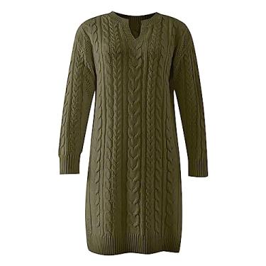 Imagem de Vestido feminino outono/inverno comprimento médio sólido dividido solto pulôver vestido de malha vestidos femininos casual verão midi, Verde, GG