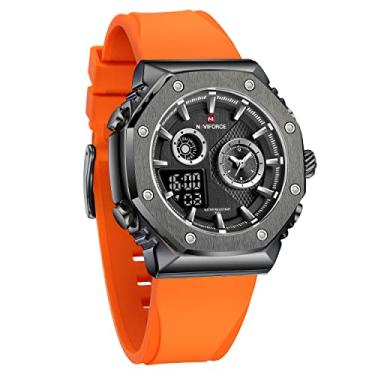Imagem de NAVIFORCE Relógio masculino analógico digital com visor duplo, multifuncional, militar, quartzo, pulseira de silicone à prova d'água, Preto + laranja, moda, casual, esportes, negócios, ao ar livre, militar, luxo