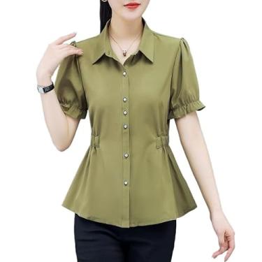 Imagem de TEMKIN Camisa de verão manga curta fina cor sólida mãe cintura justa camisa chiffon, Estilo 3, 3G