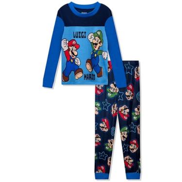 Imagem de Super Mario Conjunto de pijama para meninos - Conjunto de pijama de 2 peças com blusa e calça de manga comprida - Pijama de algodão confortável para crianças e crianças, Azul, 10
