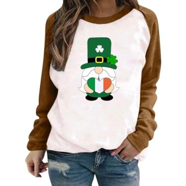 Imagem de Camiseta feminina de manga comprida do Dia de São Patrício verde Lucky Shamrock com gola redonda, Marrom, 3G