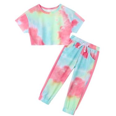 Imagem de YALLET Roupas infantis para meninas, roupas de verão, tie dye/cor sólida, camiseta de manga curta + calça longa, conjunto de 2 peças, 1-5 anos, Multicolorido B, 3-4 Anos