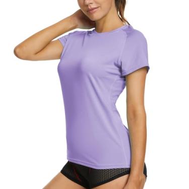 Imagem de MEETWEE Camiseta feminina Rash Guard manga curta secagem rápida FPS 50+ proteção solar UV leve para treino, Roxo médio, M