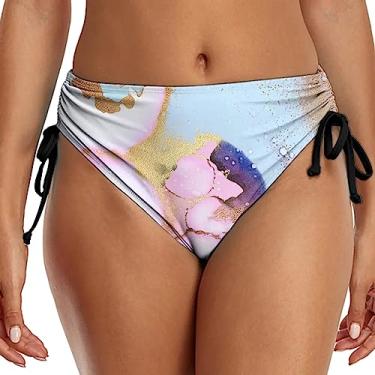 Imagem de Biquíni feminino de cintura alta retrô emagrecedor com cobertura média e controle de barriga estampado, Cinza, M