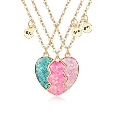 Imagem de Saalort Colares Best Friend para 3, pingente de lantejoulas com costura magnética em forma de coração Amizade BFF 3 peças/conjunto de joias para mulheres, Zinco, Zircônia cúbica