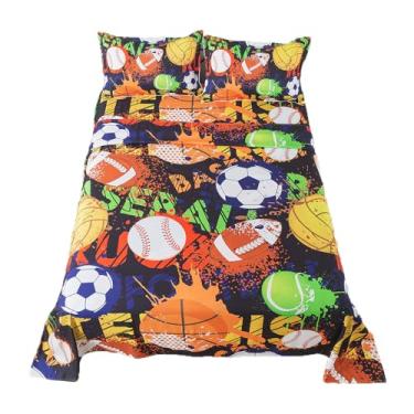 Imagem de qjmiaofang Jogo de lençol Queen esportivo infantil, para meninos, futebol americano, 4 peças, com estampa de beisebol, basquete e futebol americano, lençol de cima e lençol com elástico