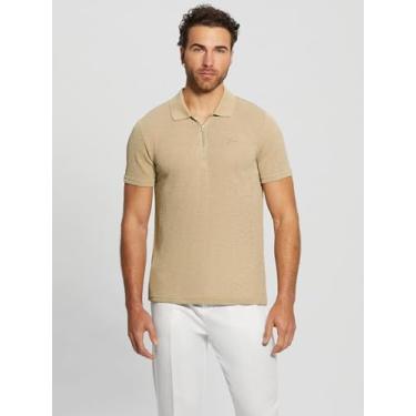 Imagem de GUESS Camisa polo masculina com zíper, Areia neutra, M