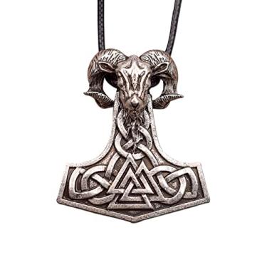 Imagem de HAQUIL Mjolnir Necklace, pingente de martelo de Thor com cabeça de cabra viking, cordão de couro falso, presente de joias viking (AD)