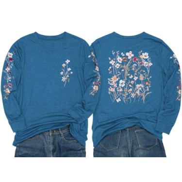 Imagem de Camiseta feminina de manga comprida com estampa de flores, casual, boêmio, flores silvestres, vintage, botânica, natureza, tops, Azul, P
