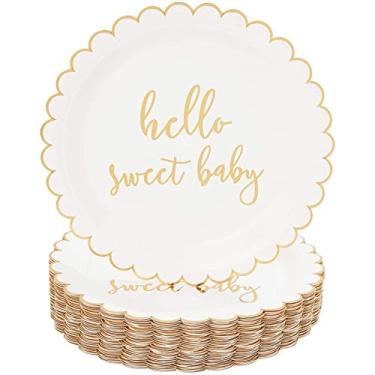 Imagem de Sparkle and Bash Pratos de chá de bebê - 22 cm, ouro e branco, 48 unidades, descartáveis - design Hello Sweet Baby - Utensílios de mesa de gênero neutro