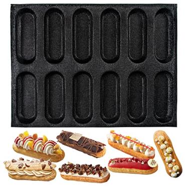 Imagem de Assadeira sanduíche cachorro quente folhas perfuradas Eclair molde de silicone líquido 12 cavidades por furo 130x47x32mm