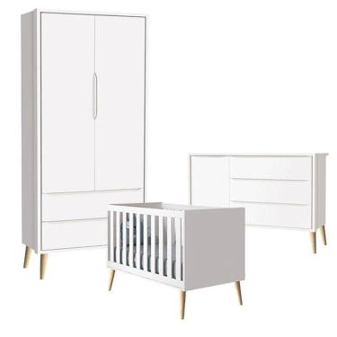 Imagem de Quarto De Bebê Theo 2 Portas Branco Acetinado Pés Madeira Natural - Reller