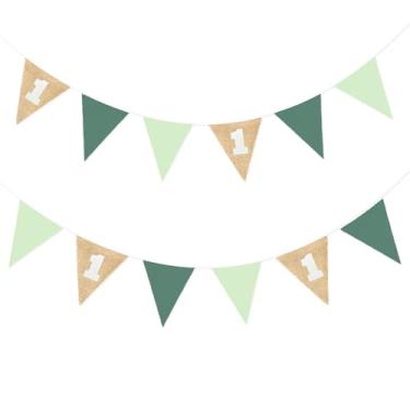 Imagem de Flâmula verde sálvia 1º aniversário bandeira triângulo tecido de serapilheira guirlanda com feltro 1 sinal para verde sálvia branco verde oliva selvagem selva primeiro aniversário decoração