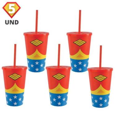 Imagem de 5 Copos Infantis Super Heróis 550ml c/ Tampa e Canudo Usual - Usual Ut