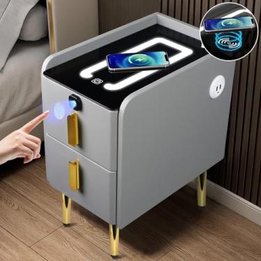 Imagem de Caredear Mesa de Cabeceira Inteligente Cinza 48 cm A x 40 cm P x 25 cm L com Trava de Impressão Digital, Madeira Maciça e Couro, Luzes LED Ajustáveis, Carregamento Sem Fio e Porta USB