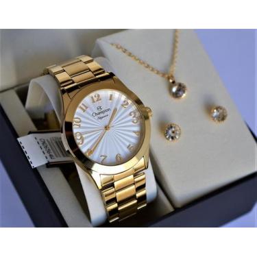 Imagem de Relogio champion feminino dourado numeros cn26564w + kit semi joia