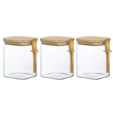 Imagem de Kit 3 Porta Condimentos Vidro E Bambu Com Colher 1200ml - Ravi Present