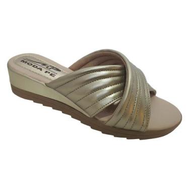 Imagem de Sandália Feminina Tamanco Tiras Anabela Super Conforto Moda Pé, Dourad