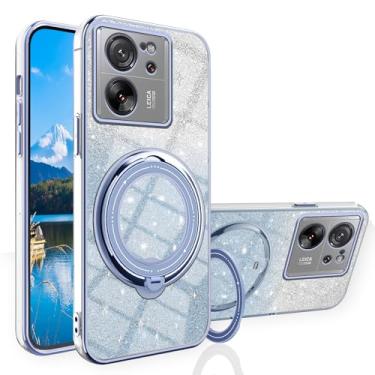 Imagem de Wousunly Compatível com Xiaomi 13T Pro Case Glitter com suporte rosa, capa para celular Xiaomi 13T de silicone transparente, suporte sem fio, carregamento sem fio, à prova de choque, capa protetora