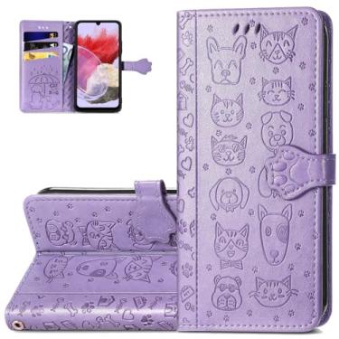 Imagem de Monwutong Capa carteira de telefone para Samsung Galaxy M34, capa de couro PU com desenho fofo de gato e cachorro, fecho magnético e slots de cartão de dinheiro para Galaxy M34, CD roxo