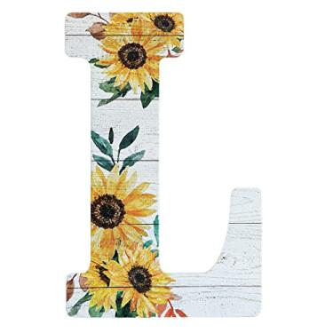 Imagem de COLLECTIVE HOME - Letras de madeira de 30,5 cm para decoração de parede, placa de parede rústica, placas de alfabeto decorativas, número de casa, decorações para festa de inauguração de casa de aniversário de casamento, branco lavado, girassol (G)