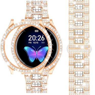Imagem de Dsytom Pulseiras compatíveis com Samsung Galaxy Watch 5/4 de 40 mm e 44 mm, pulseira de substituição de metal brilhante de 20 mm Galaxy Watch 5 Watch 4 de 40 mm e 44 mm com capa protetora de strass para mulheres e meninas (44 mm, ouro rosa)