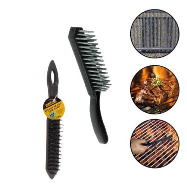 Imagem de Escova De Aço P/ Limpar Limpeza Grelha Churrasqueira Madeira 4 Fileira