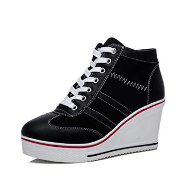 Imagem de Mei MACLEOD Tênis feminino plataforma plataforma salto alto botas de cano curto casual sapatos de lona, Preto, 36