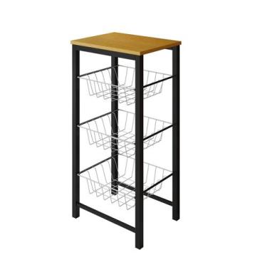 Imagem de Fruteira de Chão Cozinha Montada Aço Preto Tampo Canela Cesto Branco R