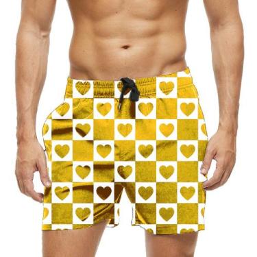 Imagem de Short Praia Shorts Banho Bermuda Verão Coração Dourado Xadrez 1251 - S