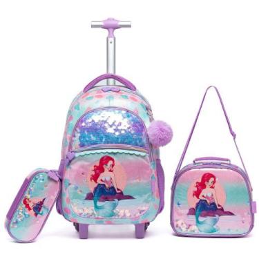 Imagem de Kit Mochila Rodinha Infantil Sereia Estojo Lancheira Térmica Resistent
